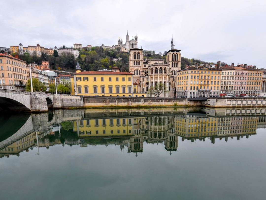 The Lyon waterfront seen across flat water, a long terrace of pale quayside buildings with the wooded hill of Fourvière and its basilica rising behind them.